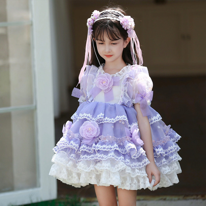 枝芽紫色洛丽塔公主裙2024夏季蕾丝重工lolita蓬蓬裙西班牙蛋糕裙