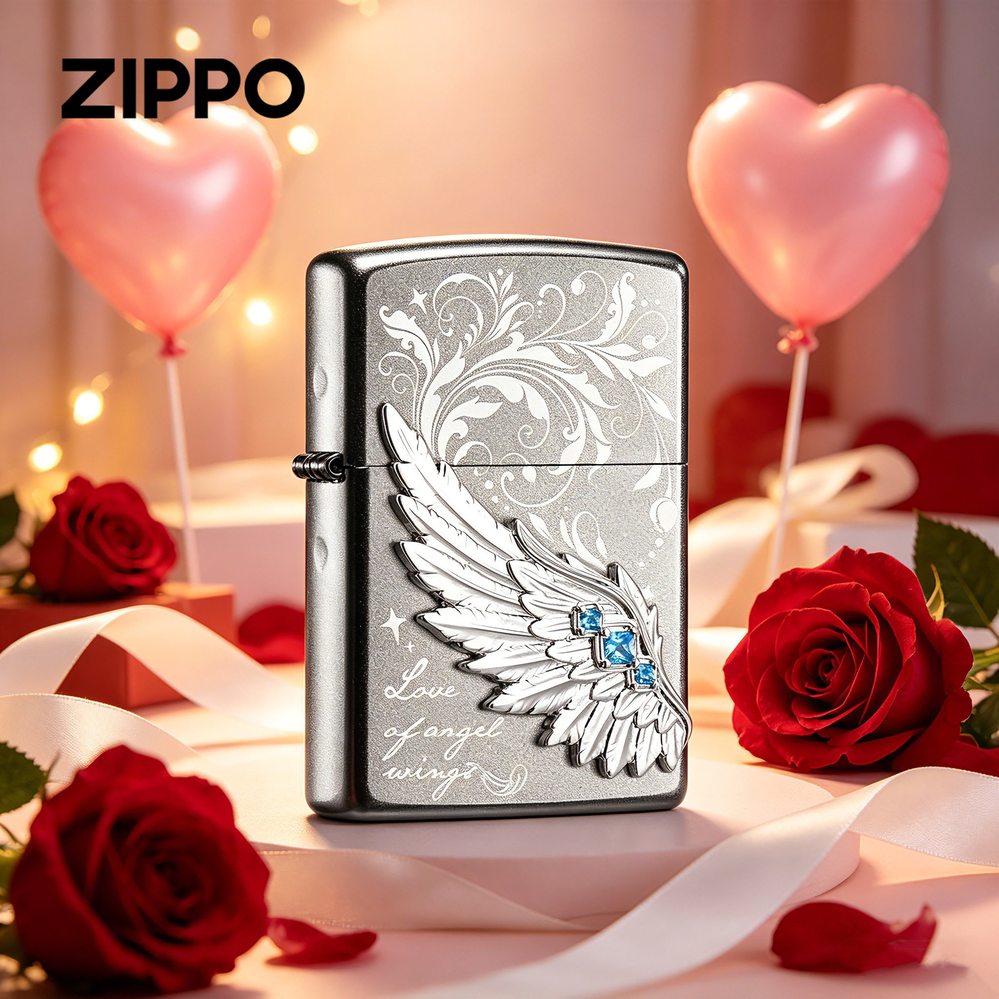 zippo打火机正品 热恋之翼镶钻贴章翅膀煤油防风父亲节礼物生日