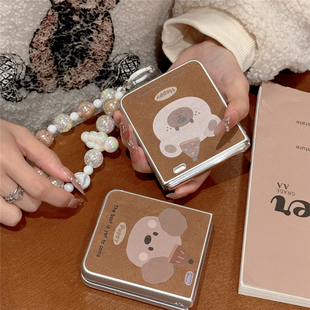 棕色皮纹帽子小狗熊适用华为Pocket2手机壳折叠屏小米mixflip保护套n3flip小羊皮MagicVFlip防摔zflip5/6卡通