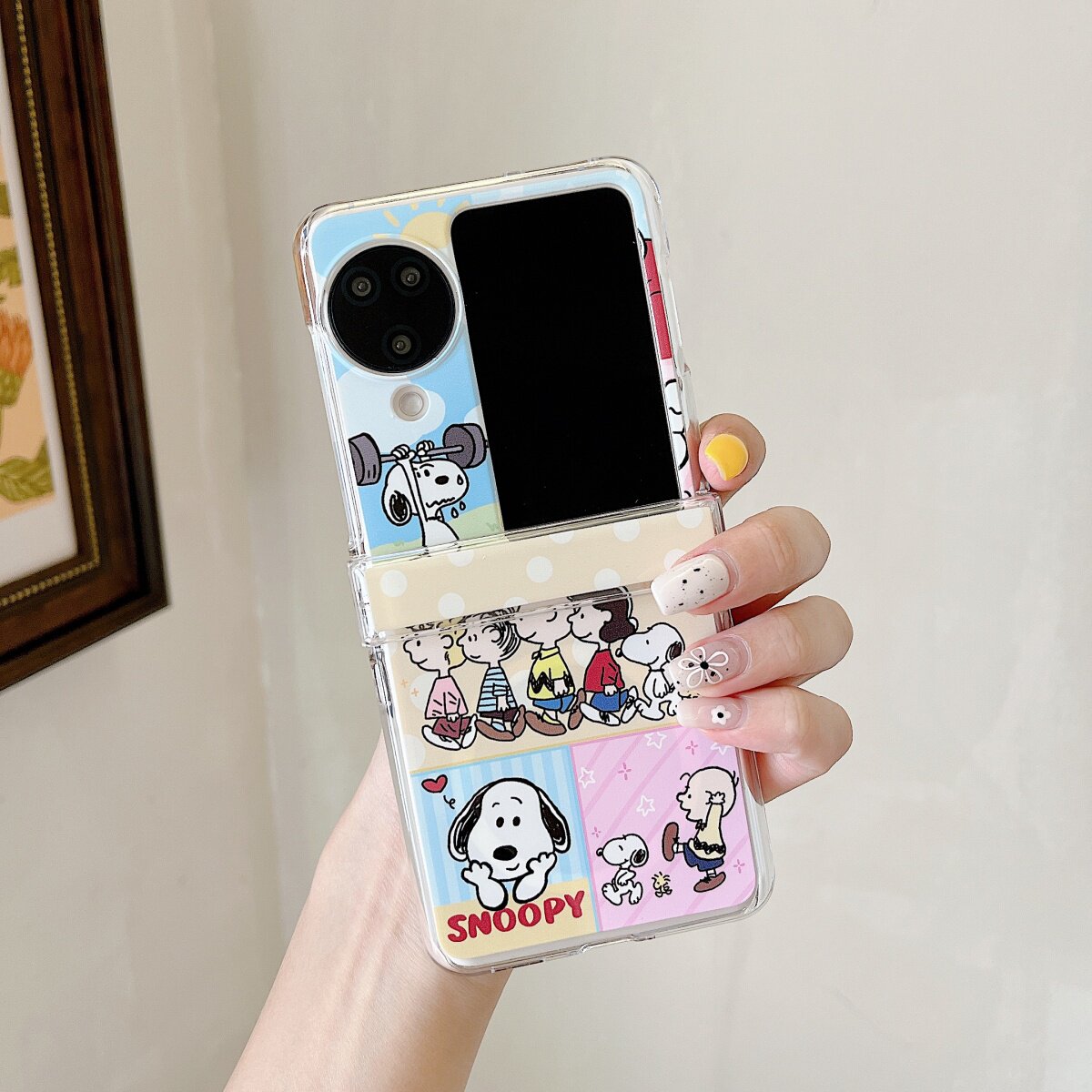 可爱卡通插画格子史努比挂绳适用OPPOFindN3Flip手机壳全包新款n2flip折叠屏翻盖防摔保护套findn3flip可爱萌