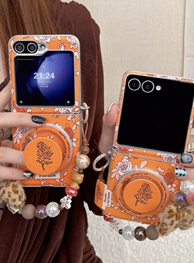 秋冬橙色山茶花磁吸支架适用三星zflip7/6/5手机壳保护套w24flip折叠屏摩托罗拉razr60u全包OPPOFindN3Flip女