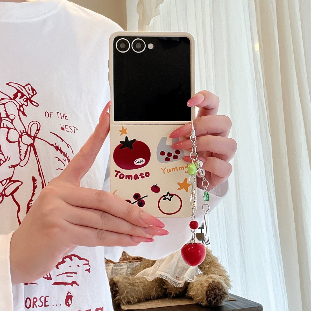 韩国ins风古董白袋子番茄适用三星GalaxyZFlip7手机壳zflip6/5保护套小米MIXFlip2全包防摔荣耀MagicVFlip2女