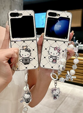 韩国ins可爱格子黑色kt猫适用三星zflip6/5/4/3手机壳皮质电镀折叠屏GalaxyZFlip7/7fe女w24flip小米mixflip