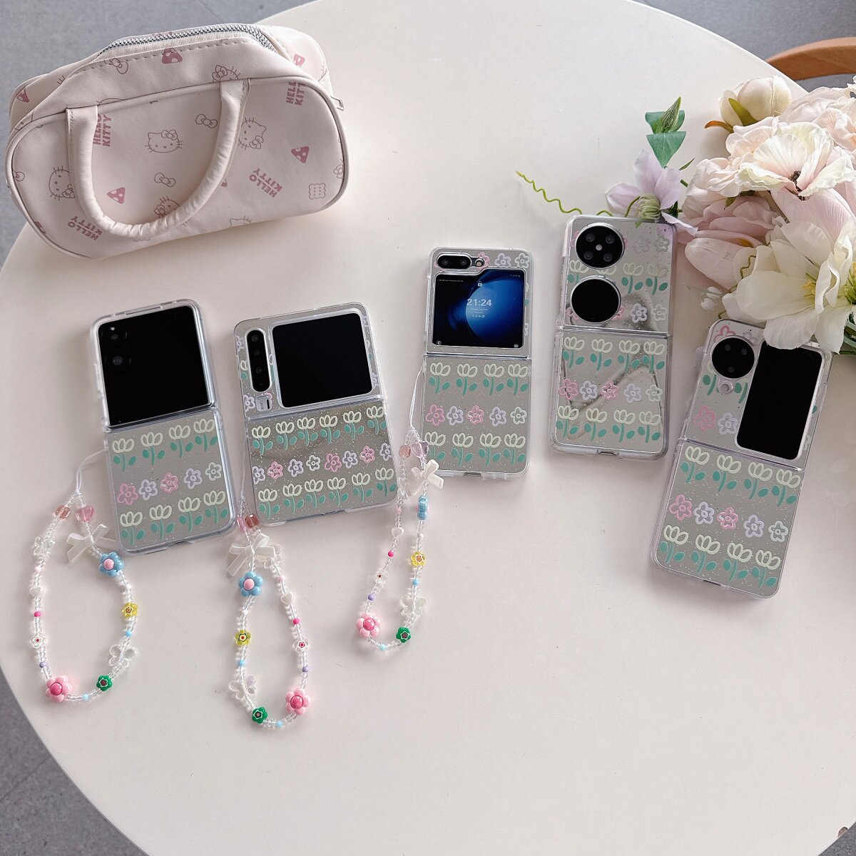 镜面泼墨线条花朵适用华为PuraX折叠屏手机壳磁吸pocket2防摔保护套小米mixflip2翻盖全包荣耀VFlip女OPPOn3f