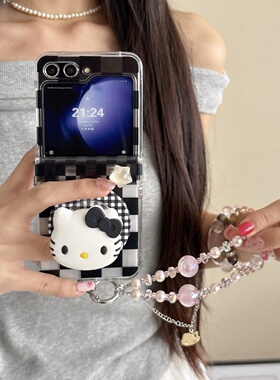 ins黑色格子kt猫磁吸支架适用三星zflip7/6/5/4手机壳新款折叠屏GalaxyW24Flip翻盖防摔保护套OPPOFindN3Flip