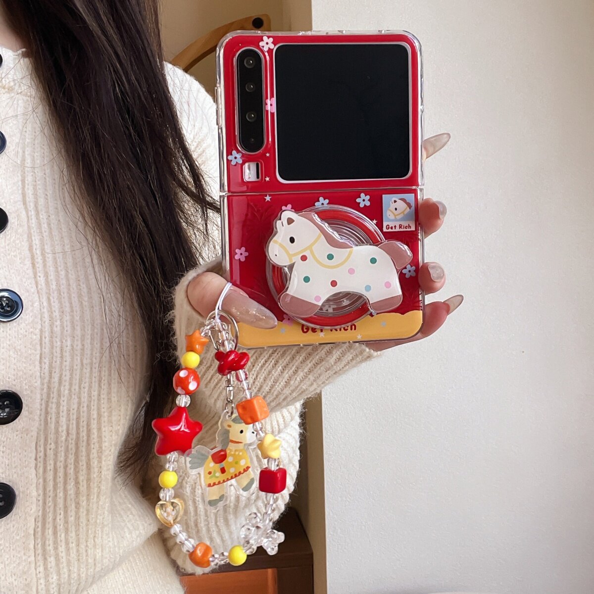 红色满屏花朵波点小马适用华为purax手机壳pocket2保护套折叠屏小米mixflip全包防摔壳荣耀magicvflip2可爱女