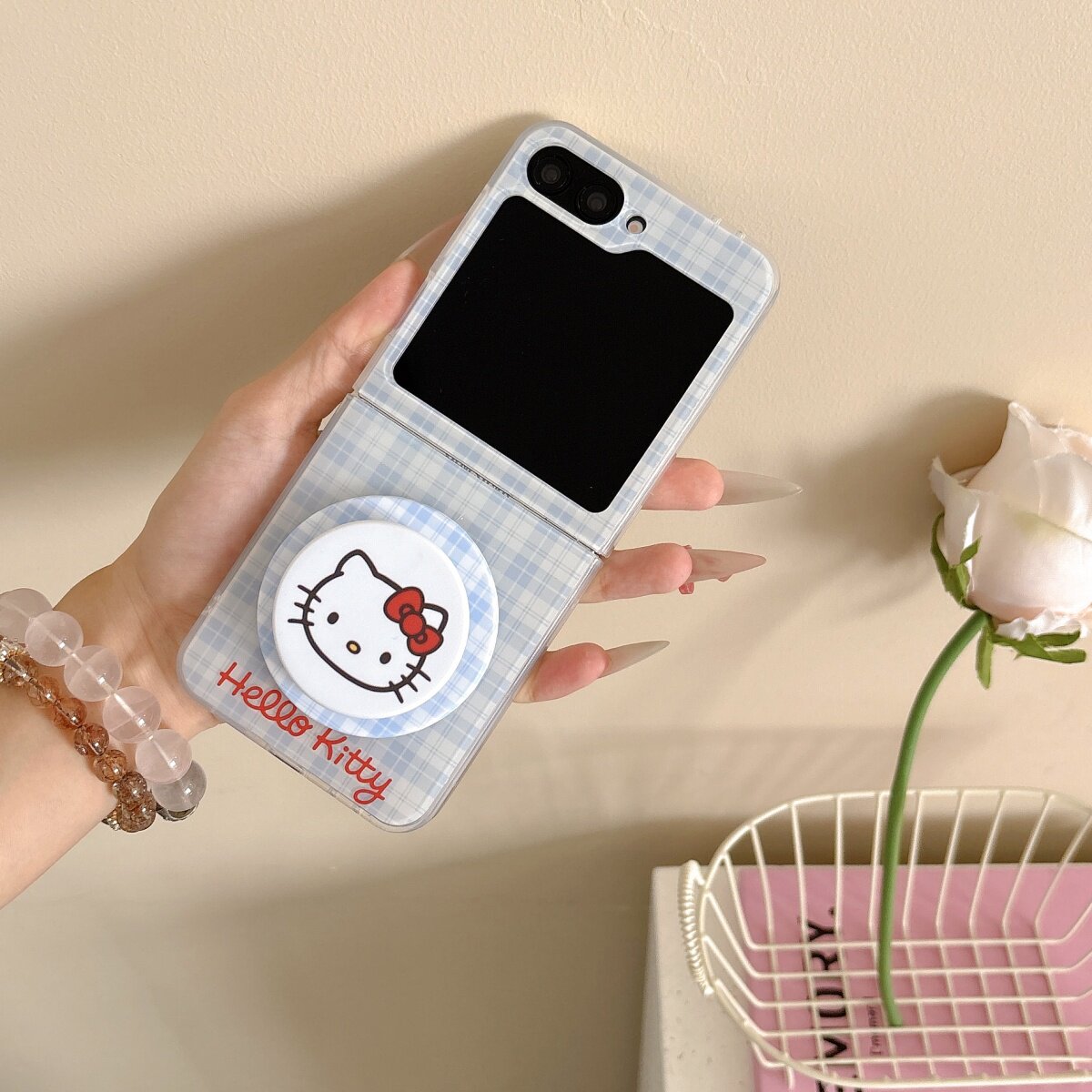 韩国ins风可爱蓝色格子kt猫适用三星GalaxyZFlip6折叠屏保护套zflip5/4/3手机壳磁吸支架w24flip全包防摔女款