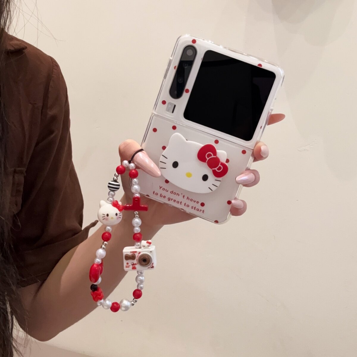 kt猫贴片白底红波点适用华为pura x手机壳Pocket2折叠屏小米mixFlip保护套荣耀VFlip2简约oppofindn3flip全包