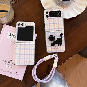 ins紫格子波点黑猫支架适用三星zflip5/6手机壳折叠屏w24flip全包OPPON3Flip折叠屏flip防摔摩托罗拉razr50女
