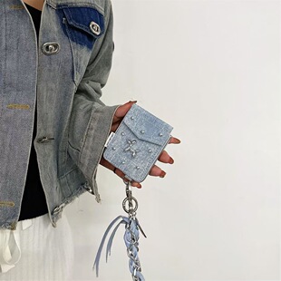 牛仔布插卡包气球狗适用小米mixflip2手机壳折叠屏华为pocket2保护套荣耀MagicVFlip摩托罗拉Razr50Ultra链条