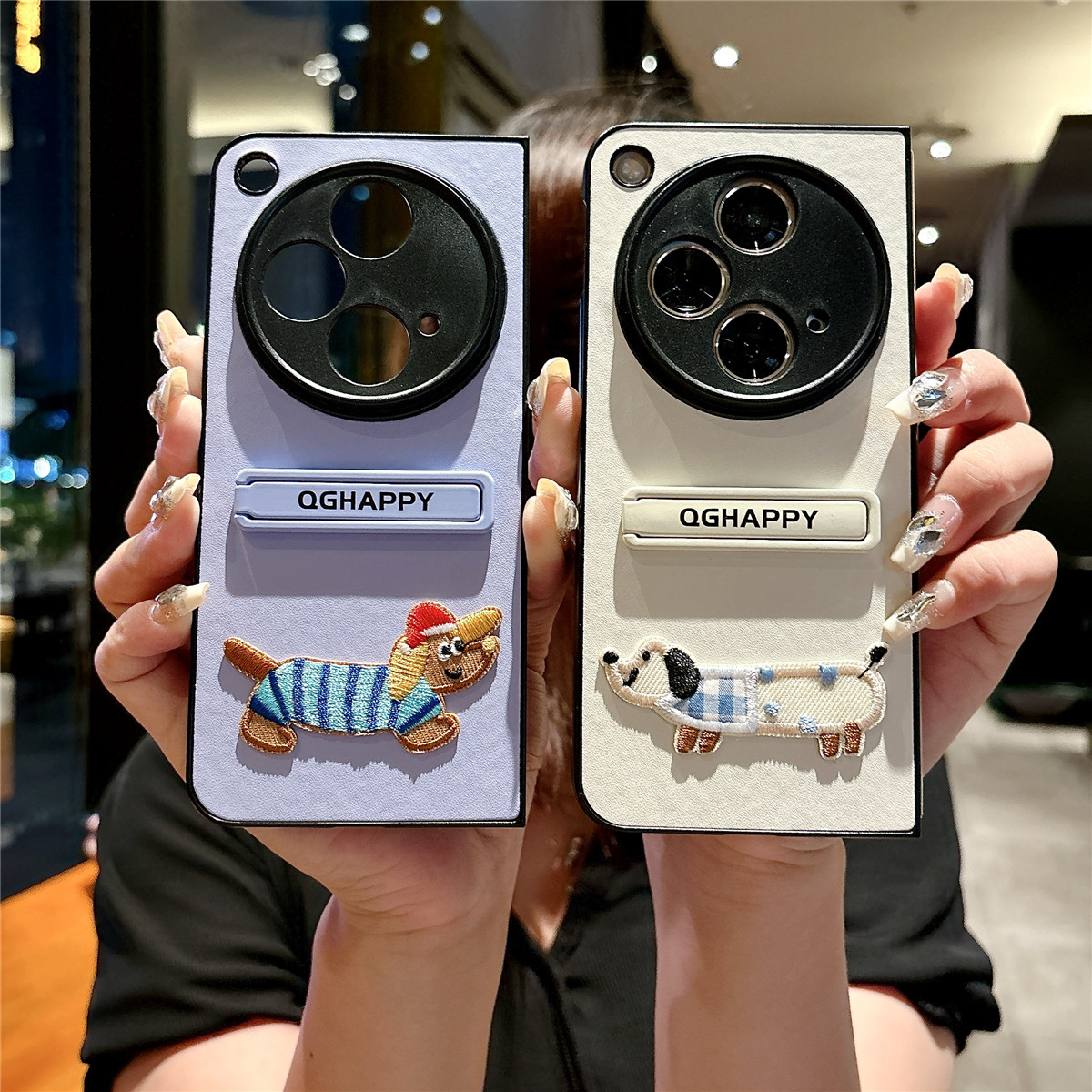 可爱皮质刺绣腊肠狗适用oppofindn3手机壳全包oppo折叠屏网红壳OPPO Find N3翻盖防摔保护套潮流隐形支架皮绳