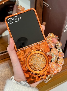 喜庆新中式橙色皱褶旋转发财支架适用三星zflip7/6/5手机壳保护套w24flip折叠屏高端翻盖荣耀MagicVFlip2个性