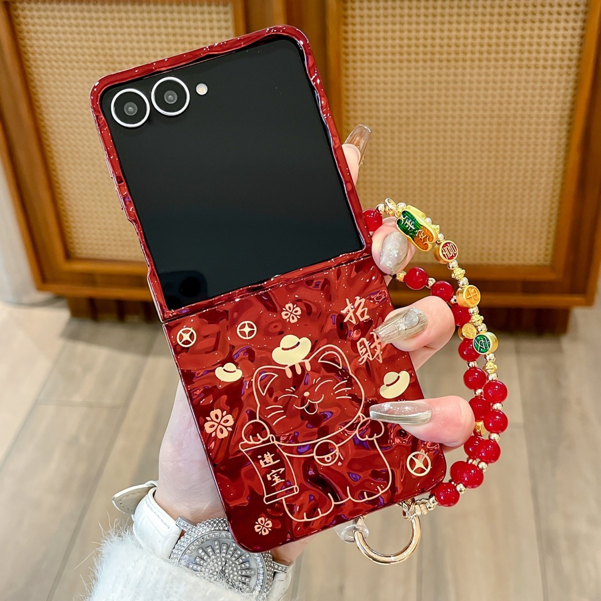 新年红色招财猫财来进宝皱褶纹适用三星zflip7/6/5/4手机壳保护套w24flip折叠屏翻盖小米mixflip全包防摔荣耀