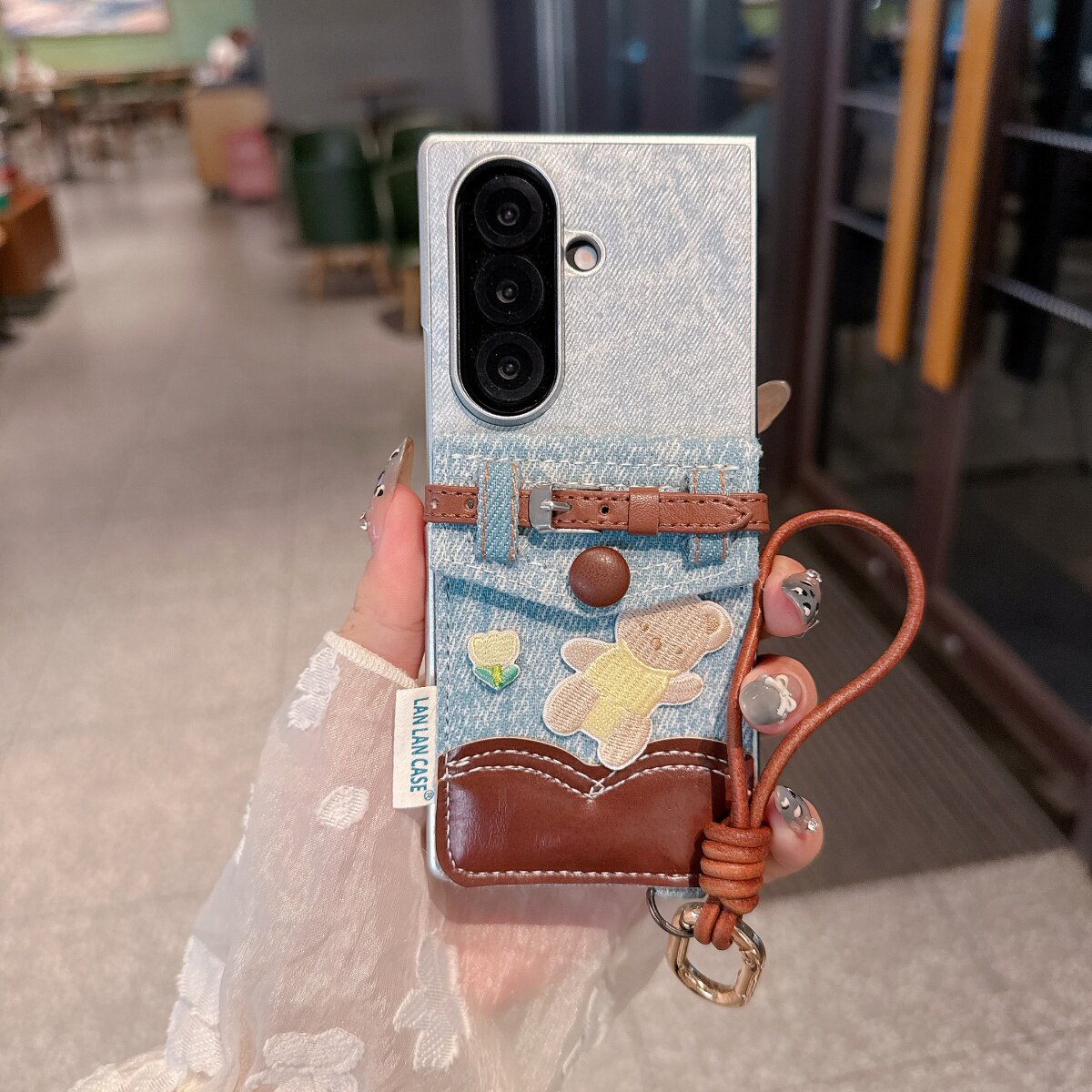 牛仔布口袋插卡包刺绣小熊适用三星zfold7/6/5/4/3手机壳全包新款Galaxyzflip7折叠屏w24flip翻盖保护套w24女