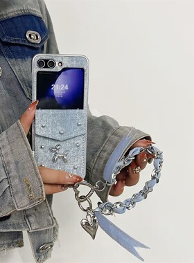 牛仔布插卡包气球狗适用三星GalaxyZFlip6折叠屏手机壳zflip5/4/3保护套w24flip全包防摔壳挂绳华为pocket2/s