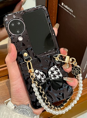 黑色电镀立体蝴蝶结小香风手链适用OPPOFindN3Flip手机壳褶皱纹n2flip折叠屏小米mixFlip高级感防摔荣耀vflip