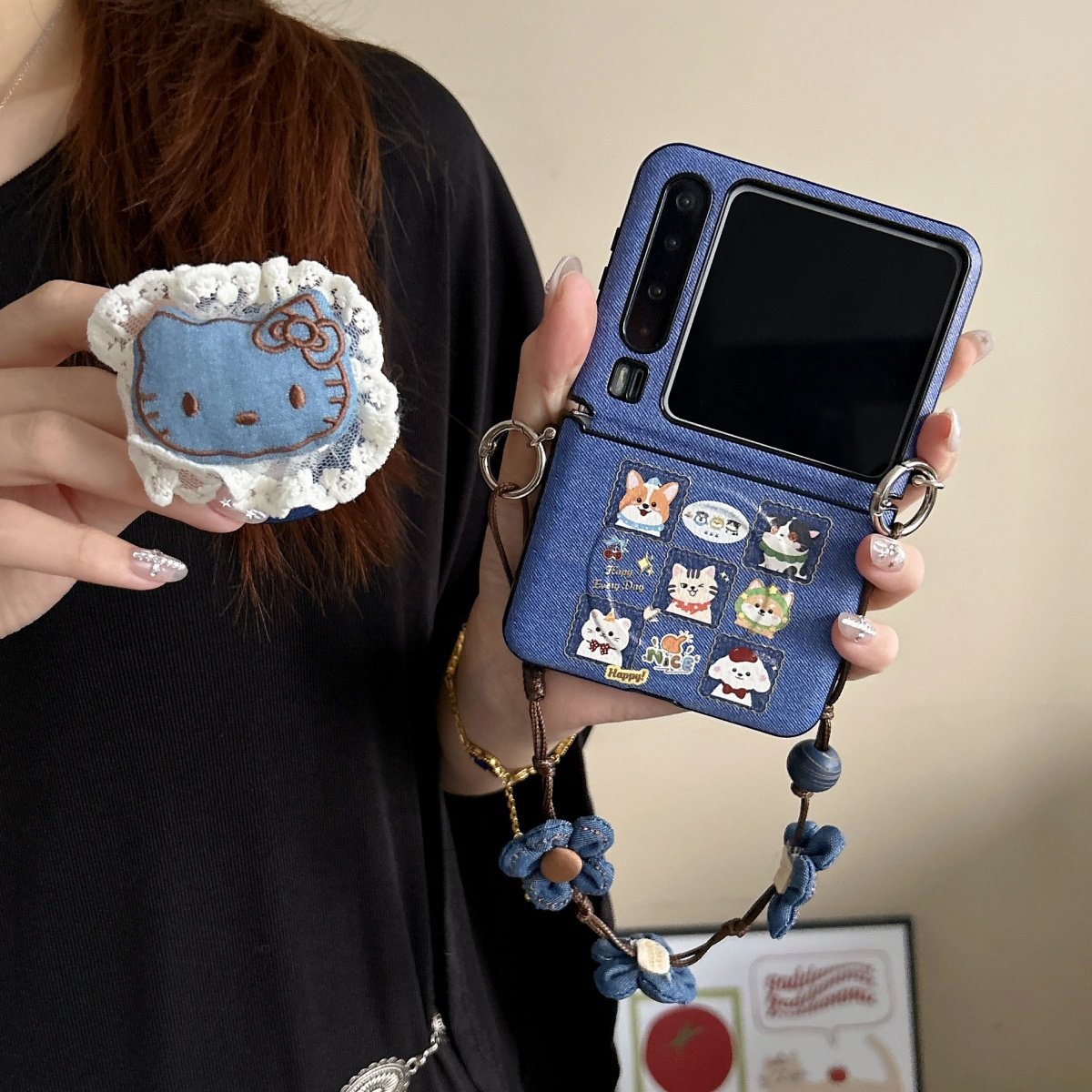 牛仔纹九空格小狗猫咪适用华为purax折叠pocket2手机壳小米mixflip皮质磁吸枕头kt猫支架荣耀vflip三星zflip7