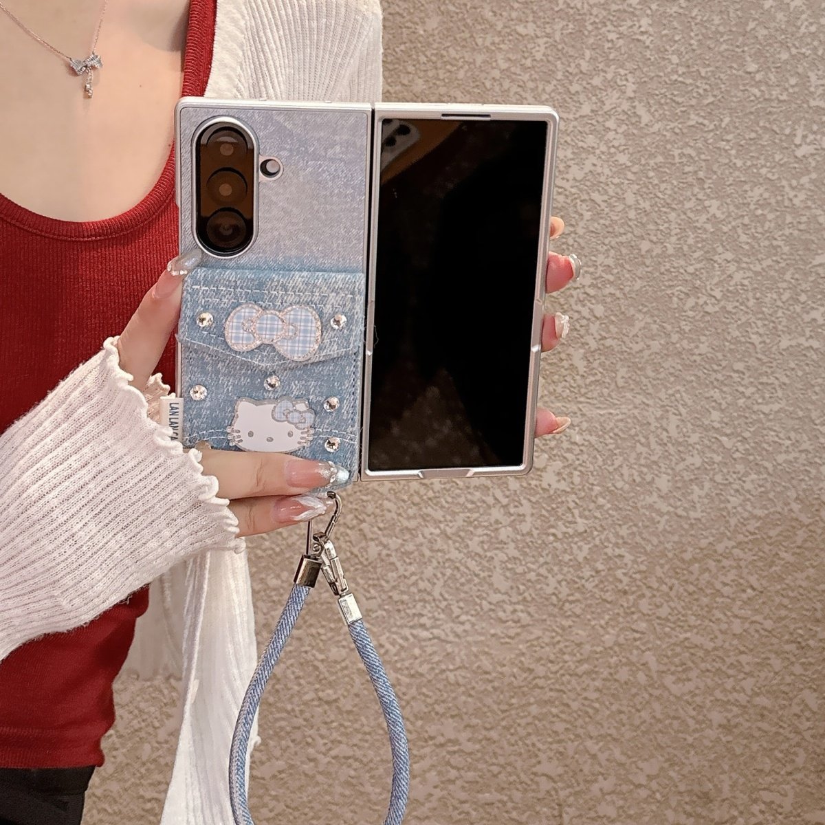 韩风ins牛仔布闪钻kt插卡包手绳