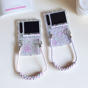 简约紫色蔷薇小花蝴蝶挂绳适用华为PuraX手机壳折叠屏保护套purax典藏版 全包防摔三星GalaxyZFlip7曲边波浪纹