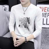 潮流秋衣外穿体恤 休闲印花帅气上衣服打底衫 纯棉白色t恤男士 长袖