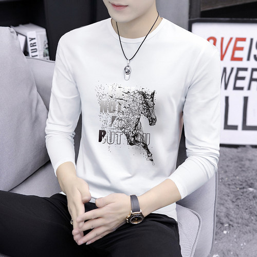 纯棉白色t恤男士长袖休闲印花