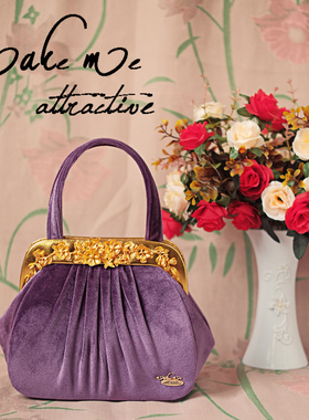 法式复古女包包手提丝绒包小众设计中古vintage娃口包贝壳古着包