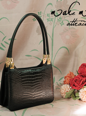中古包复古小众腋下包鳄鱼纹真皮手提包女通勤包老钱风包包口金包