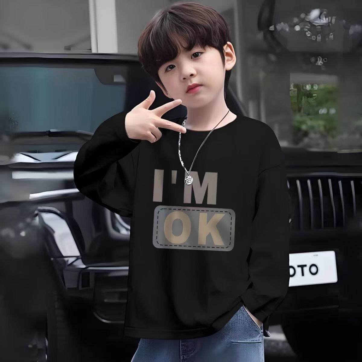 2025新款男童长袖t恤春秋儿童纯棉打底衫男孩爆款黑色上衣内搭潮