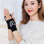 短款 手套女秋冬季 可爱保暖连指韩版 学生针织半截露指写字带钻手套
