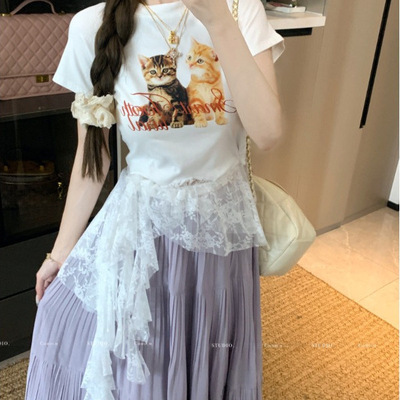 蕾丝拼接短款T恤女夏季纯棉