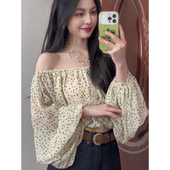 浪漫风一字肩灯笼袖 露肩短款 波点雪纺衫 新款 上衣 女2026春季 法式