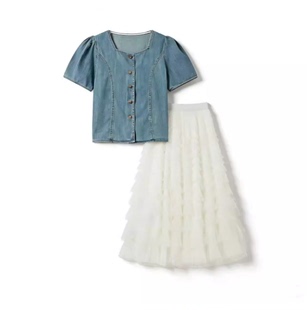 甜甜专享 套装 泡泡袖 衬衫 8062 方领牛仔短袖