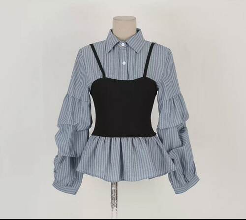 【小四专享】衬衫女装大码减龄假两件衬衣春秋季拼接收腰显瘦5633