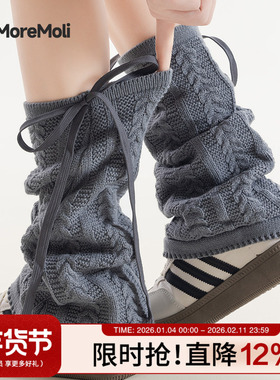 灰色袜套女纯棉y2k蝴蝶结秋冬款针织堆堆袜ins潮春秋美拉德长腿袜