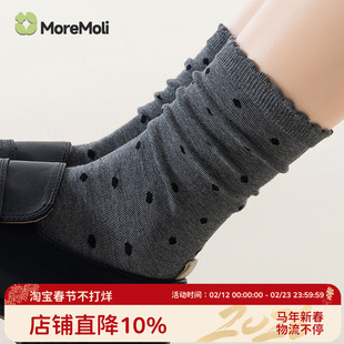 黑色袜子女春秋款纯棉中筒袜波点花边堆堆袜秋冬女士配小皮鞋长袜