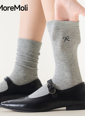 灰色袜子女春秋款纯棉中筒袜无骨袜蝴蝶结堆堆袜配小皮鞋长袜秋冬