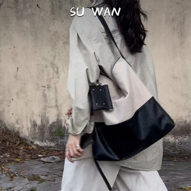 SUWAN2026年春夏季新款麻料大容量包单肩包斜跨女包黑白通勤百搭
