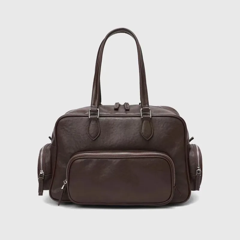 波士顿女包2024新款多口袋小众复古真皮机车包女大容量单肩腋下包