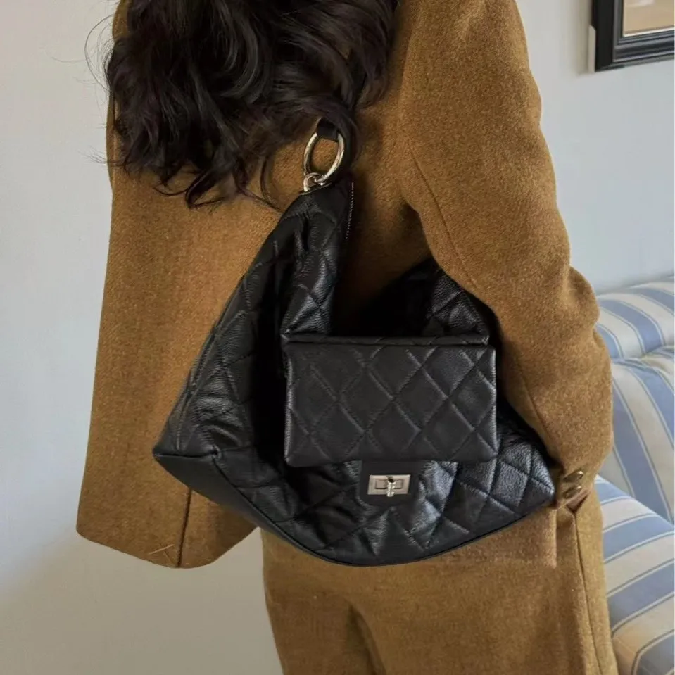 小香风包包hobo腋下包头层牛皮菱格托特包大容量通勤包休闲斜挎包