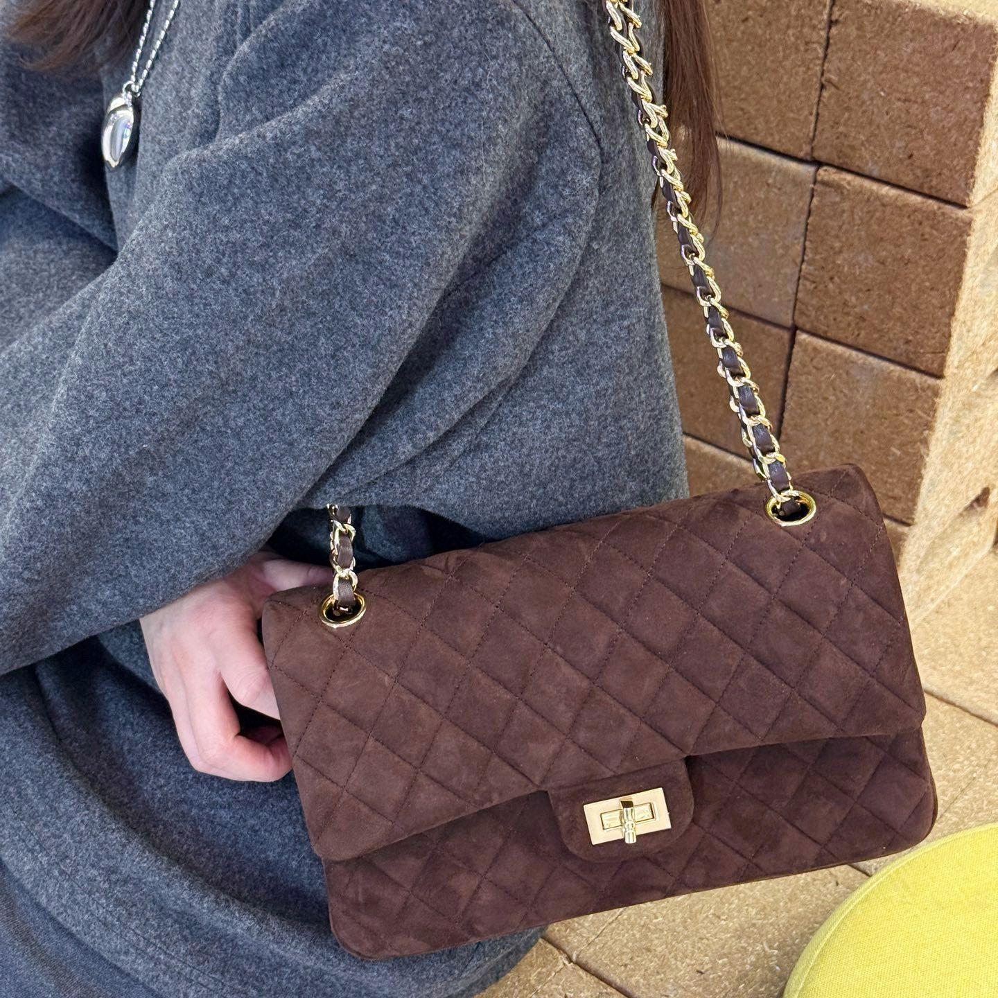 2025新款高级感磨砂丝绒麂皮小香风菱格链条CF口盖包单肩斜挎女包