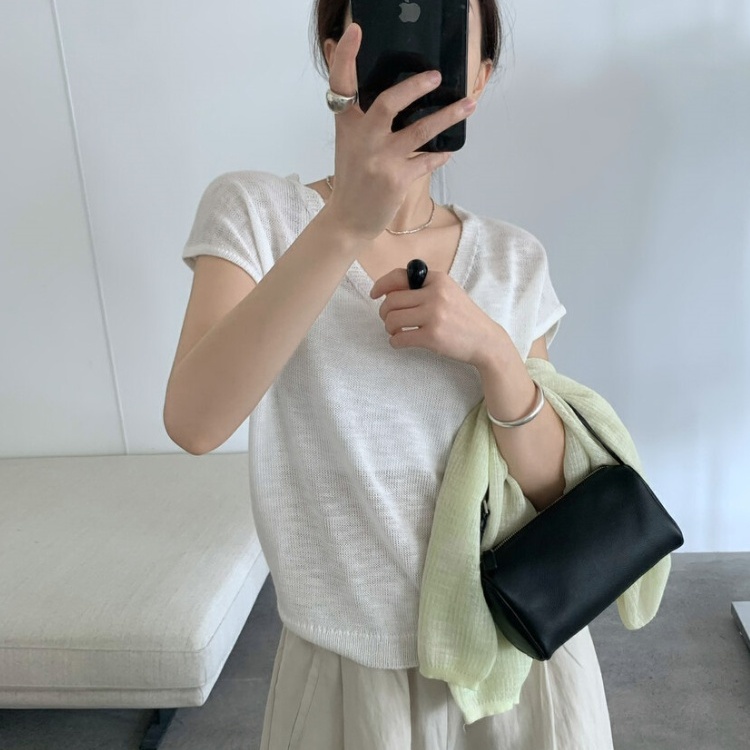 薄款冰丝针织衫短袖T恤女夏季2025年新款韩版百搭简约落肩v领上衣