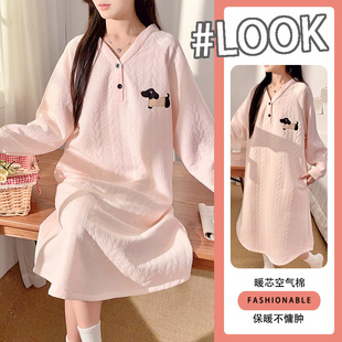 网红空气棉睡裙中长款睡衣秋冬款女士家居裙加厚高级感保暖连衣裙