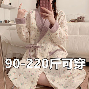 春秋季长袖睡裙女大码200斤睡袍ins风夹层空气棉睡衣宽松夹层浴袍