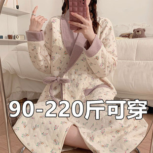 200斤睡袍ins风夹层空气棉睡衣宽松夹层浴袍 睡裙女大码 春秋季 长袖