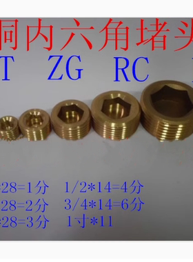 铜内六角堵头PT油塞喉塞丝堵管堵ZG螺塞R1/8 1/4 3/8 1/23/41寸RC