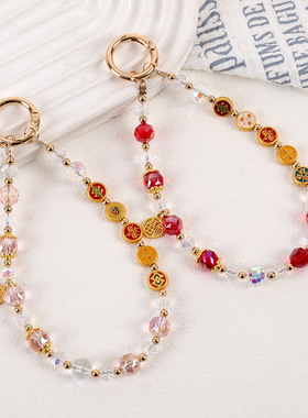 新中式复古合金福字吊牌手机挂链国风五帝钱手工串珠短款手机