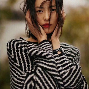 秋冬新款大表姐刘雯同款黑白条纹针织毛衣羊毛衫上衣女宽松慵懒风