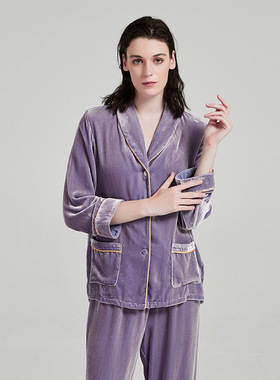 蝶绣真丝丝绒睡衣套装女秋冬青果领长袖睡衣加厚休闲家居服两件套