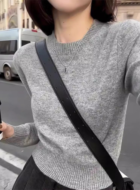 早秋新款圆领100羊毛衫女短款软糯高腰上衣薄款打底羊绒毛衣百搭