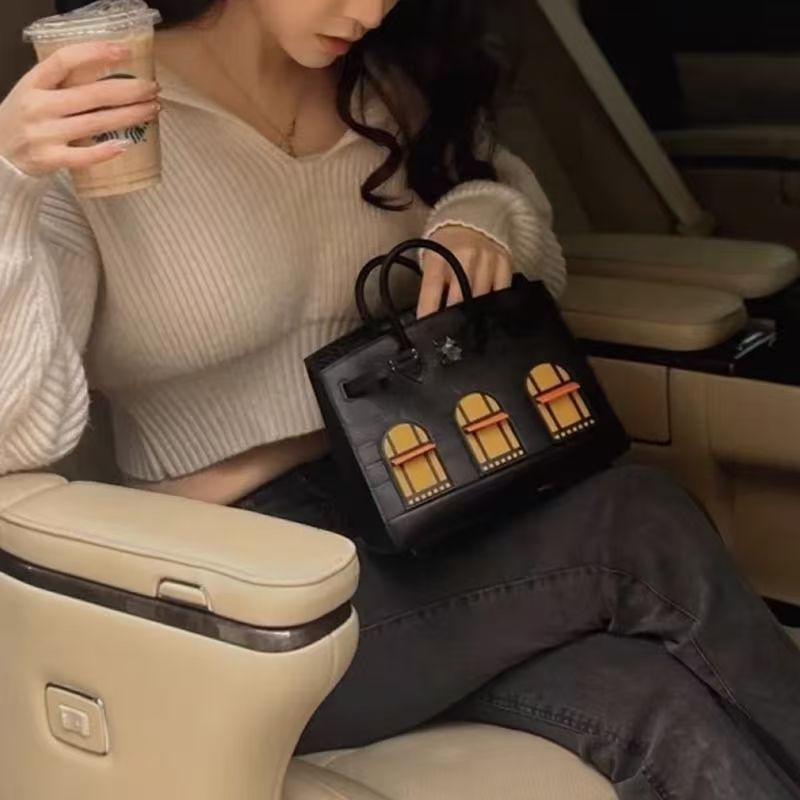 2025新款拼色小房子包手提真皮铂金包鳄鱼纹牛皮凯莉包单肩斜挎包